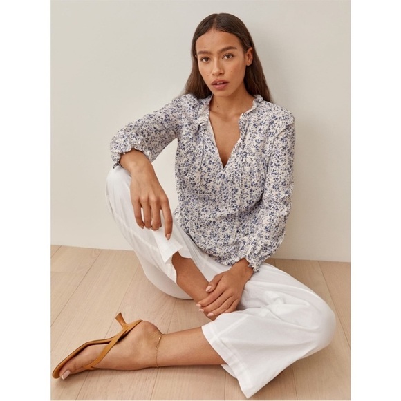 REFORMATION Micro Floral Print Puff Long Sleeve Ruffle Collar Tie V-Neck Top XS - Picture 5 of 7